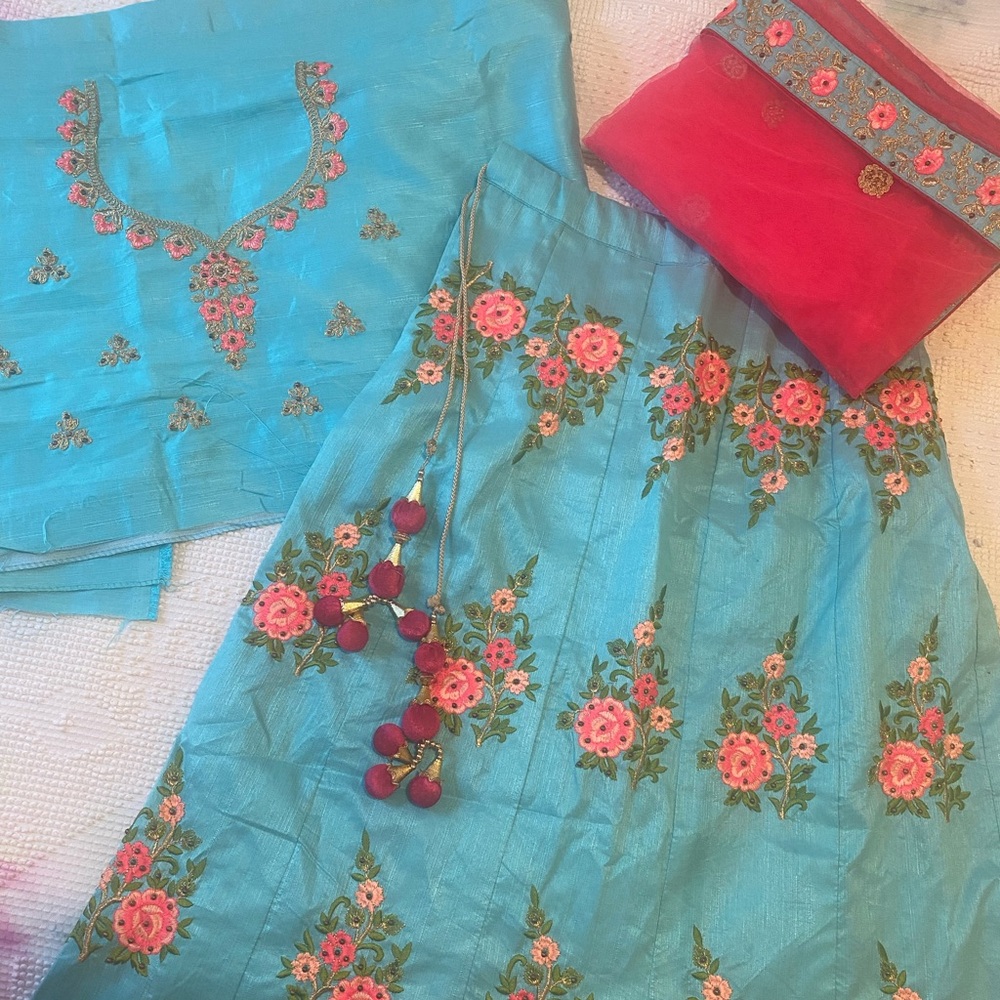 Bright blue Indian/Pakistani lehenga with pink flowers